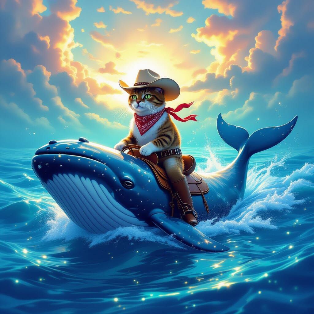 Cowboy Cat Rides Whale in Dreamlike Ultra-Realistic Ocean