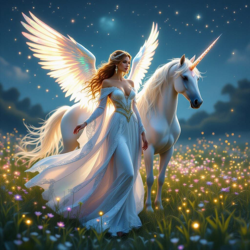 Goddess and Celestial Unicorn in Bioluminescent Field