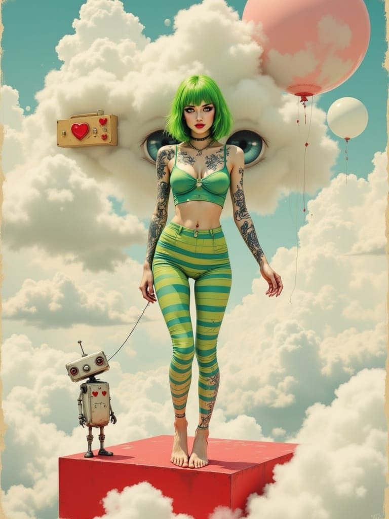 Psychedelic Woman and Robot Above Clouds