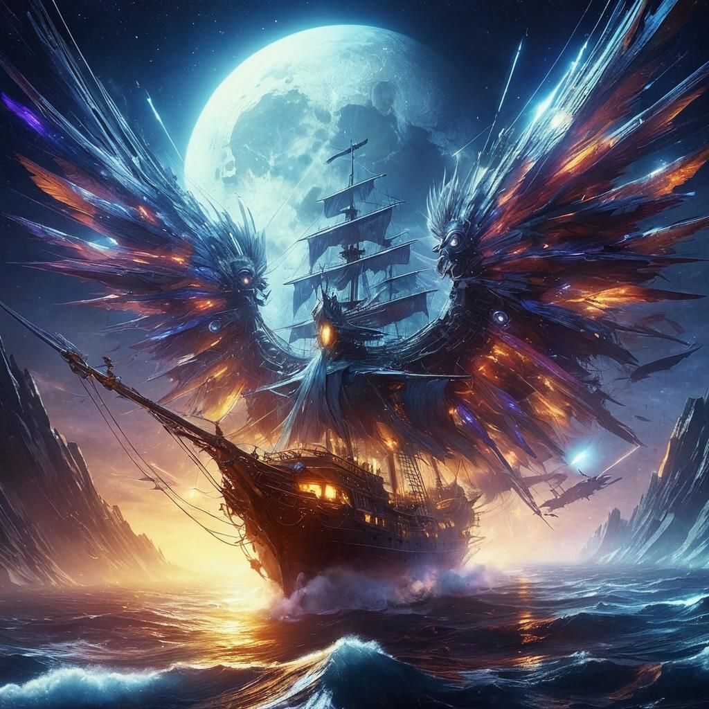 Cyberpunk Winged Ship Soaring on Moonlit Night
