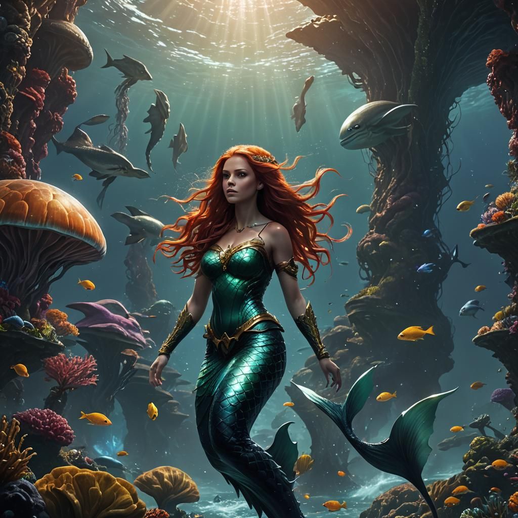 Auburn Haired Mermaid in Alien Ocean, Fantasy Art