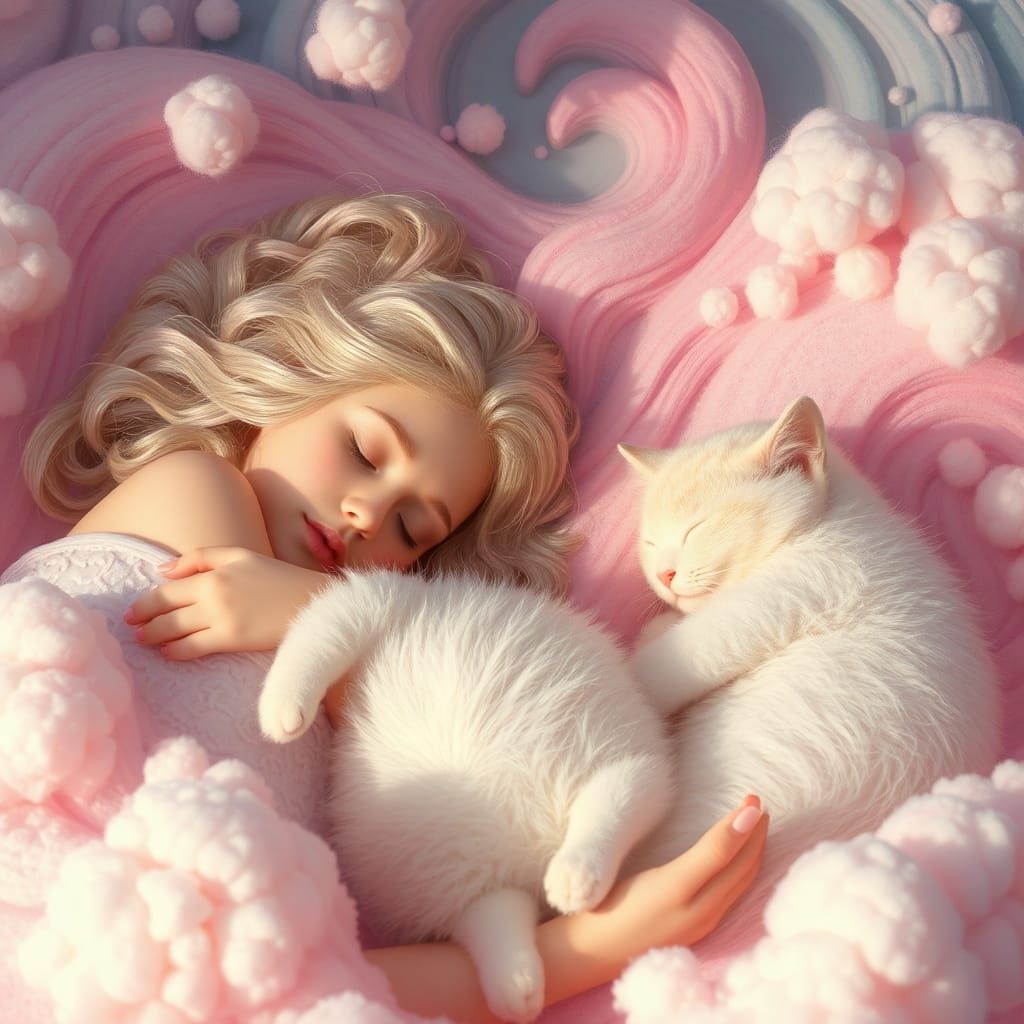 Ethereal Women and Cats in Dreamlike Candyland