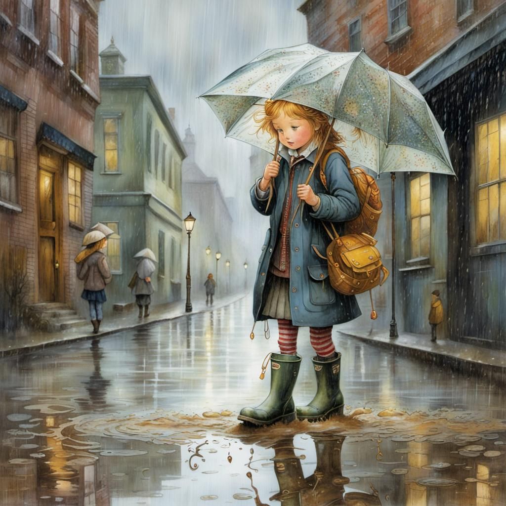 Child Playing in Rainy Puddle: Detailed Illustration