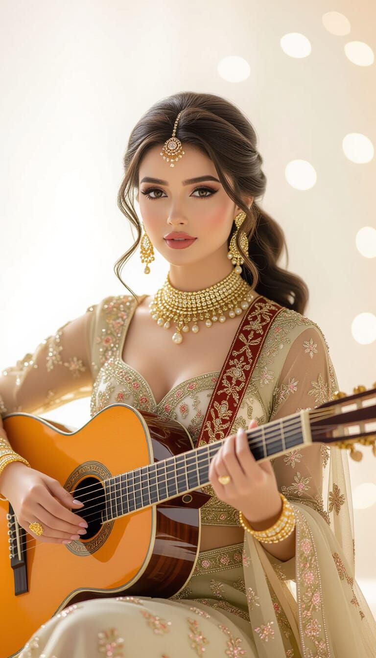Doll-like Woman Playing Guitar in Studio Lighting
