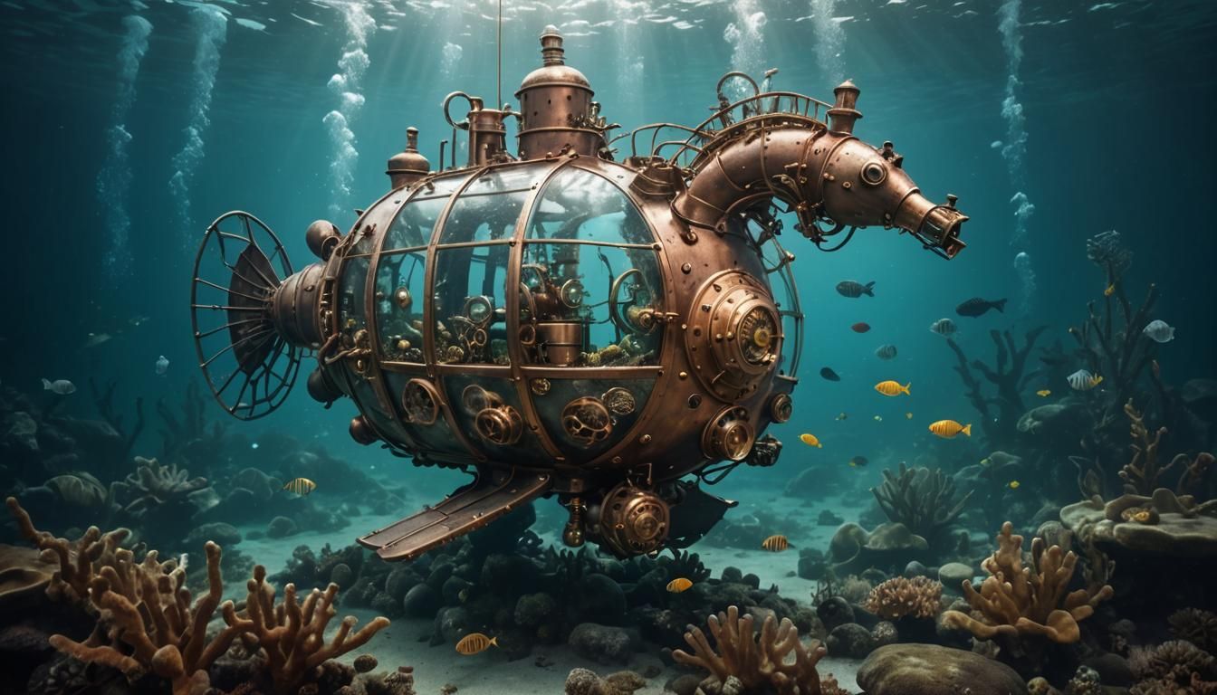 Steampunk Seahorse Submersible in Ocean Depths