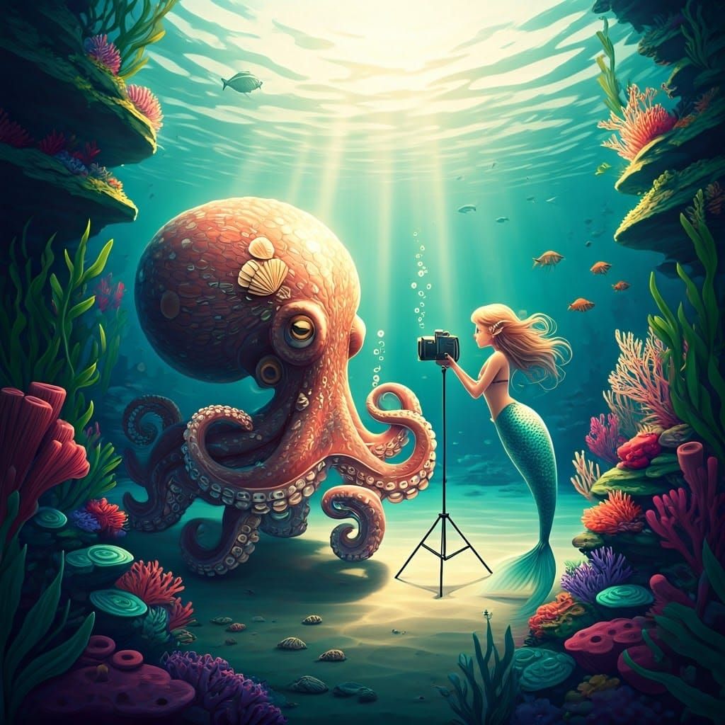 Underwater Octopus Photoshoot in Miyazaki Style