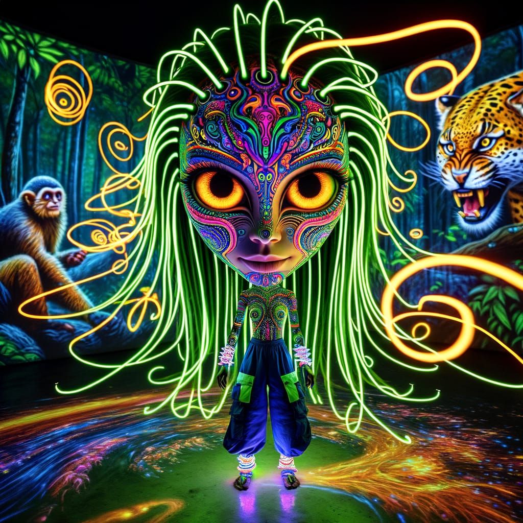 Hyper-Realistic Amazonian Goddess in Neon Tribal Attire