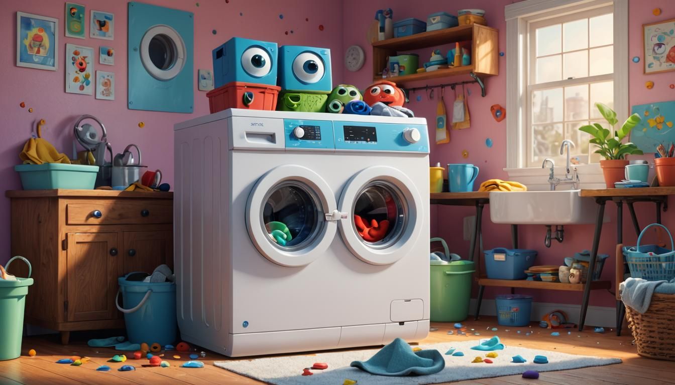 Whimsical Washing Machine with Googly Eyes, 3D Art