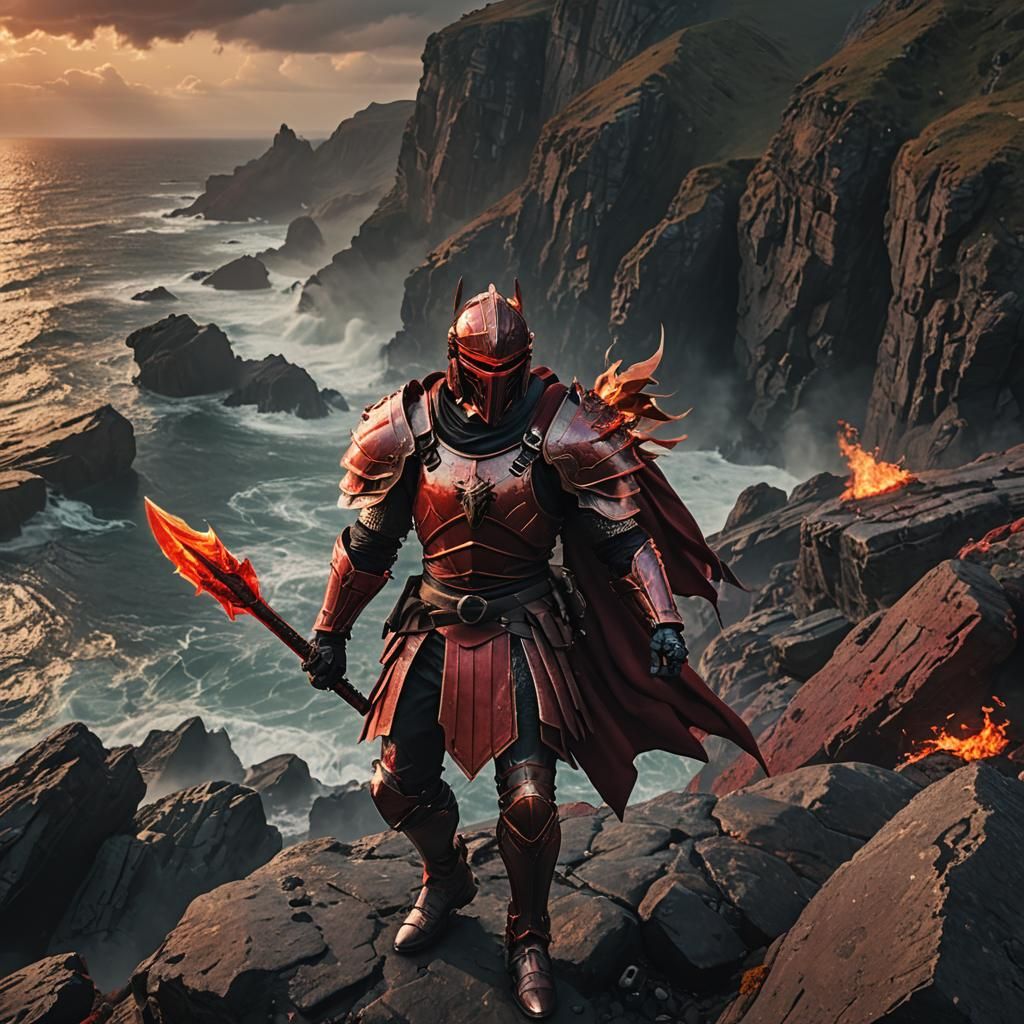 Heroic Knight with Flaming Sword on Stormy Bluff