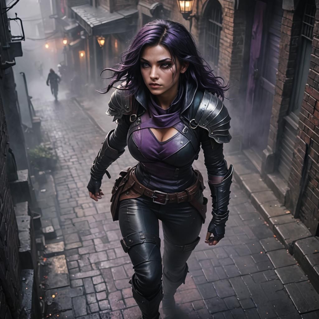 Hyperrealistic Dark Fantasy Rogue in Misty Alley