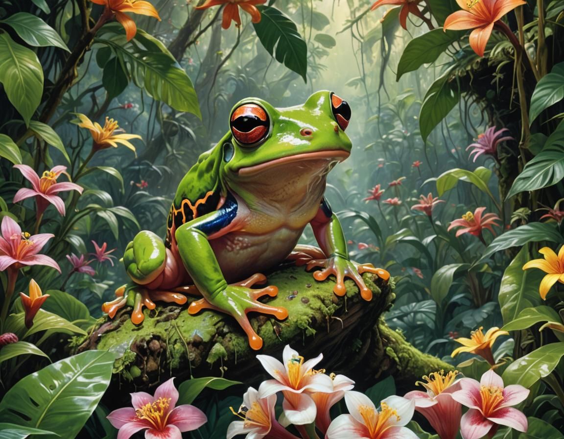 Treefrog Portrait in Exotic Jungle: Digital Matte Painting