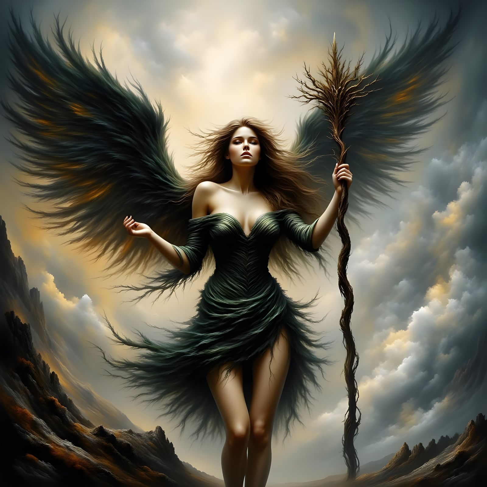Angel Summoning a Tempest with Ornate Staff
