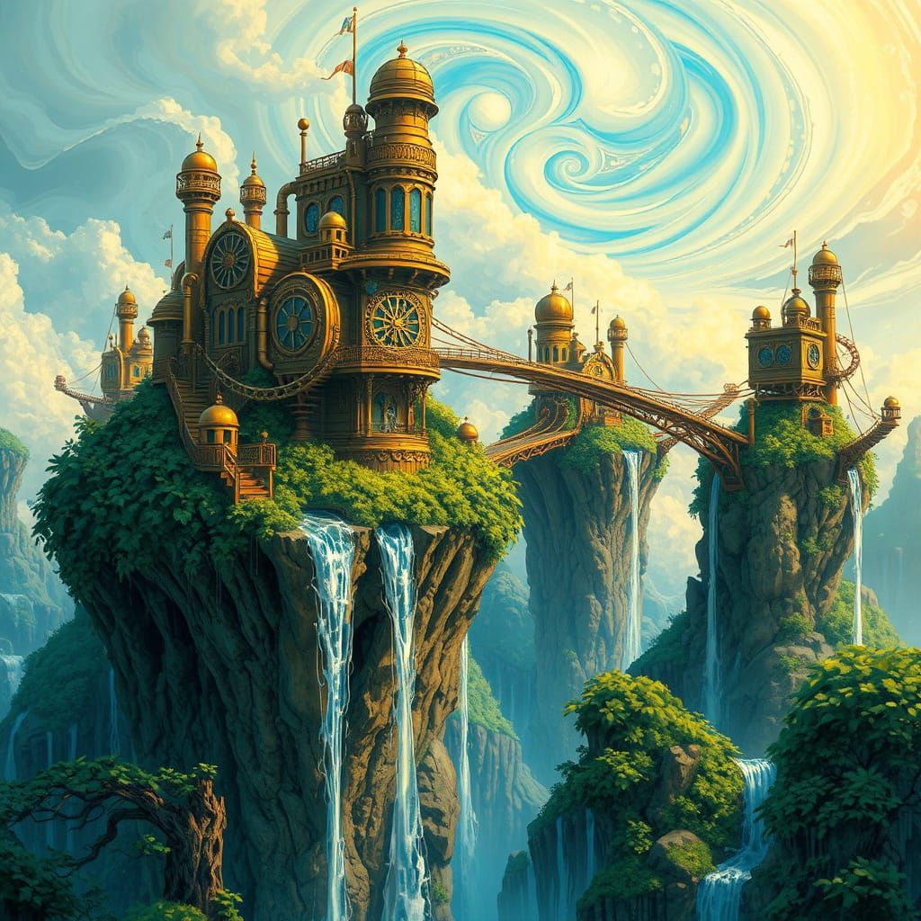 Steampunk Floating Islands with Liquid Mercury Waterfalls