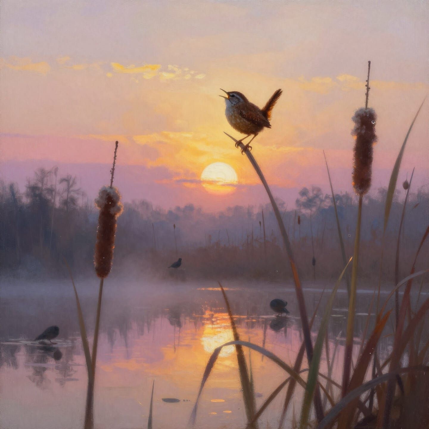 Impressionistic Wren Claims Sunrise Perch