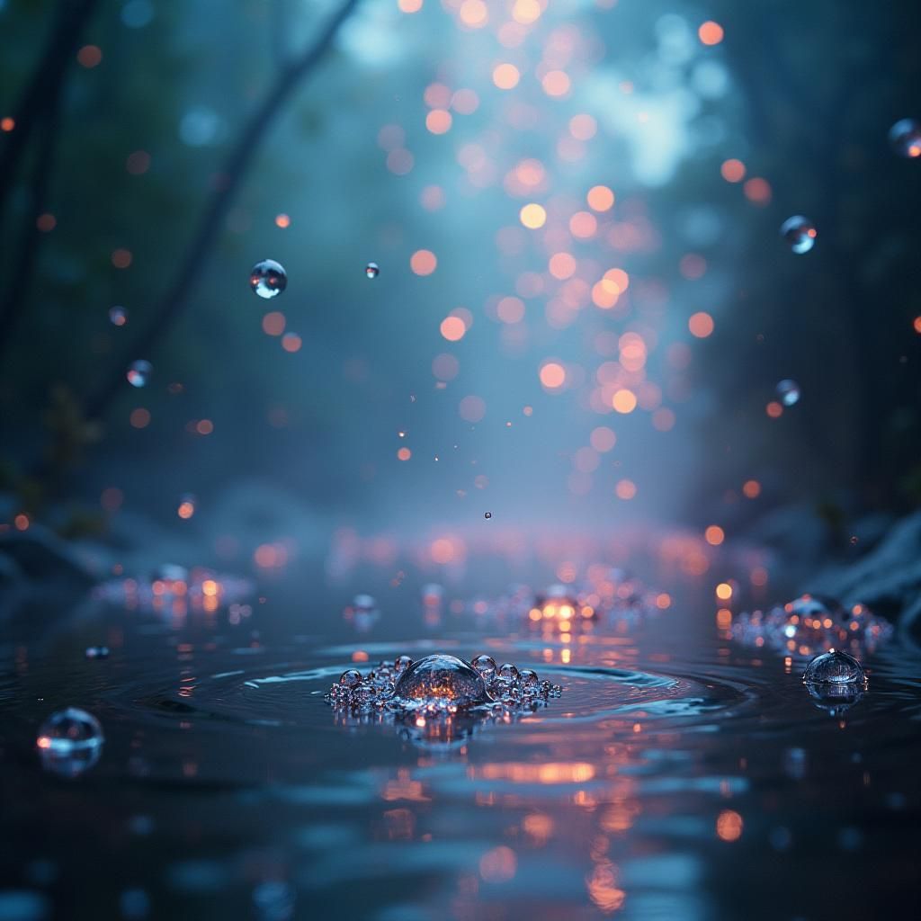 Ethereal Realm: Iridescent Water Droplets in Dreamlike Scene