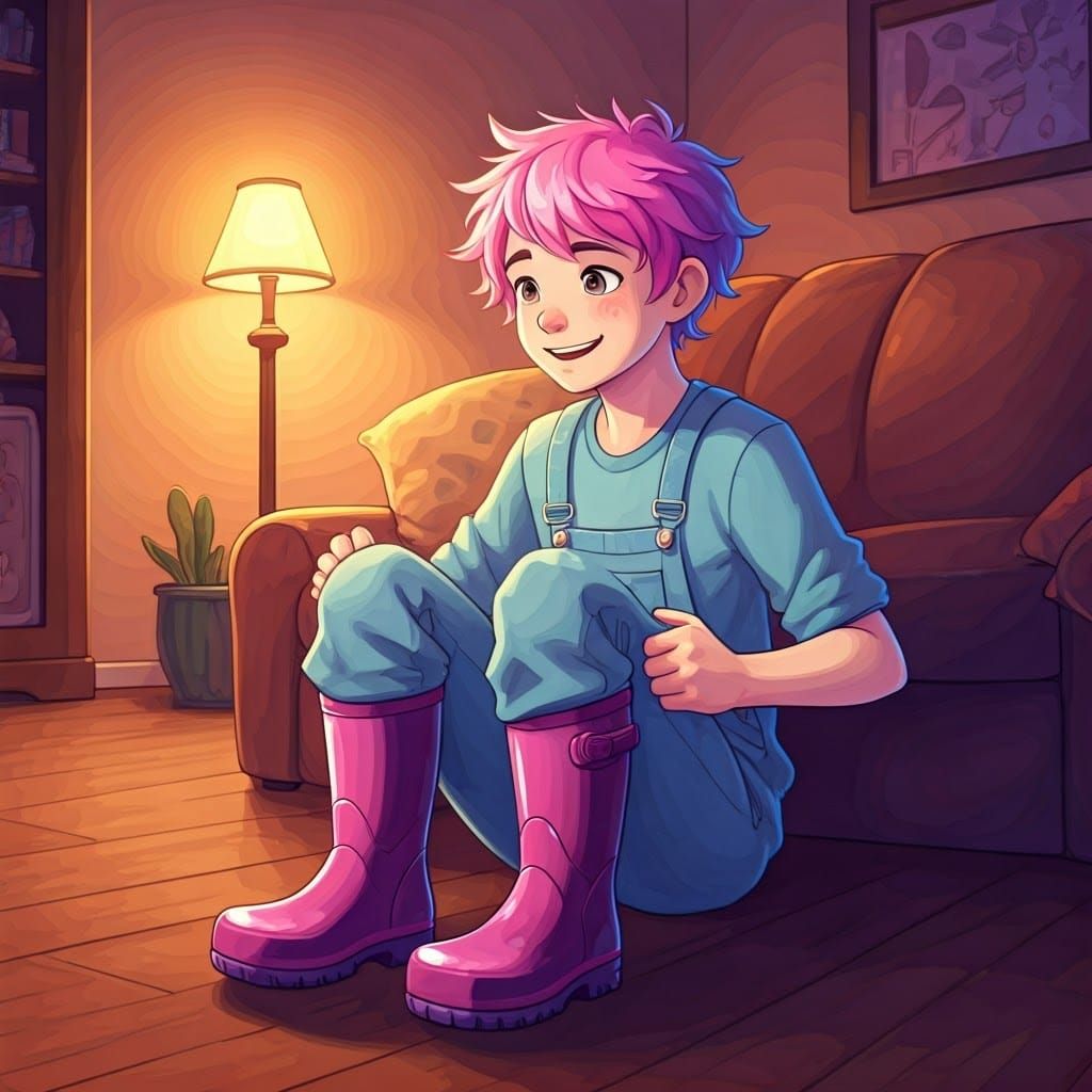 Boy with Pink Hair Tries on Overalls and Boots