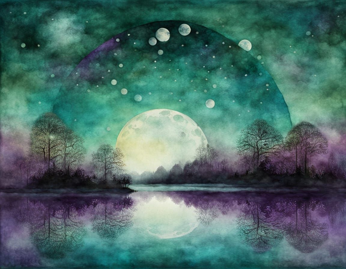 Atmospheric Moon Landscape in Watercolor Style