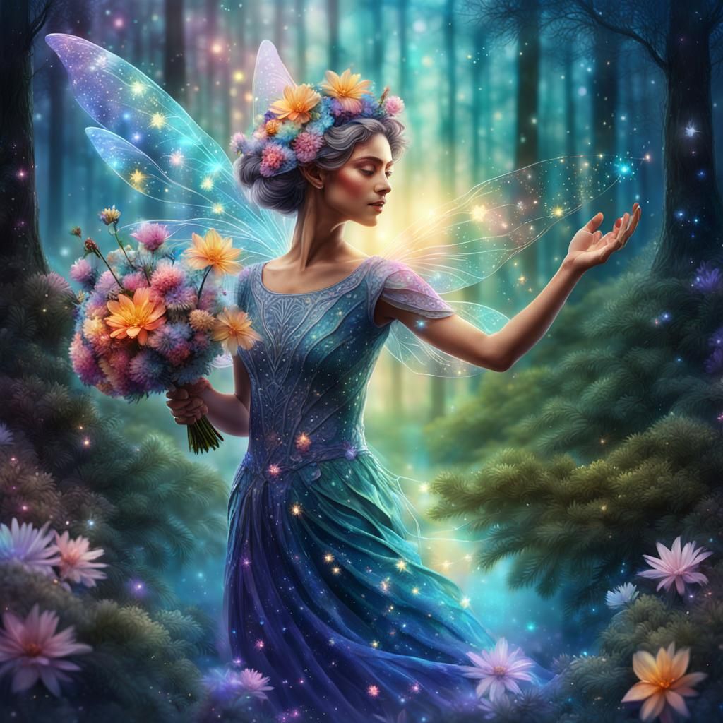 Iridescent Fairy Dancing in Forest: Watercolour Painting