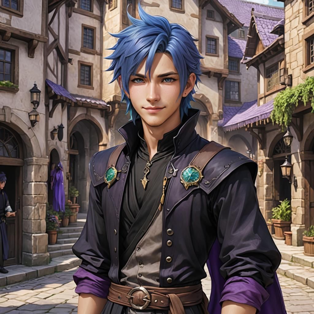 Handsome Blue-Haired Mage in Fantasy Town