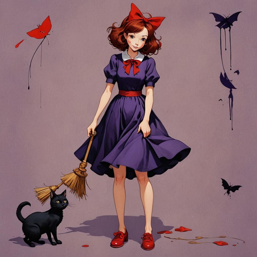 Anime Witch with Cat in Surreal Ghibli Style