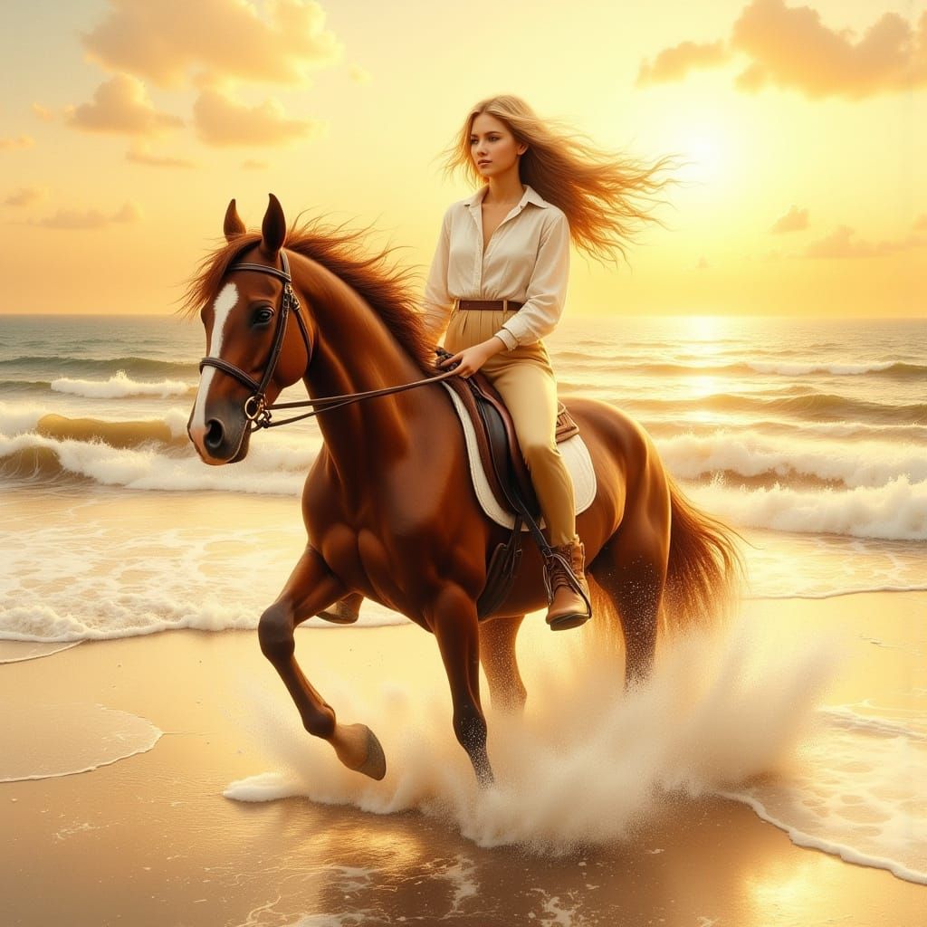 Girl Riding Horse Along Beach in a Hyperreal Oil Painting St...