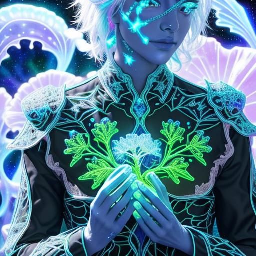 Bioluminescent Fractal Plants in a Starry Night Sky