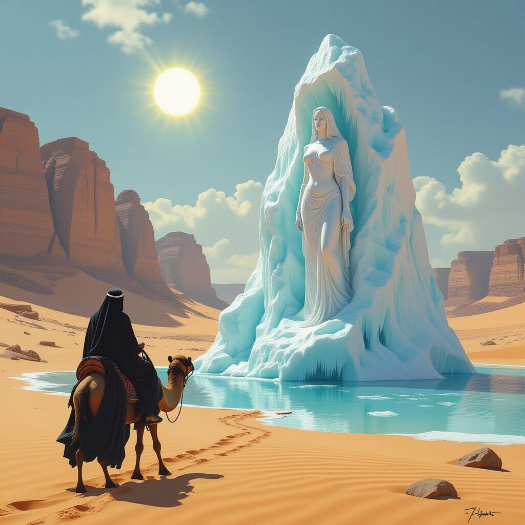 Beduin Rides Camel to Ice Sculpture in Desert