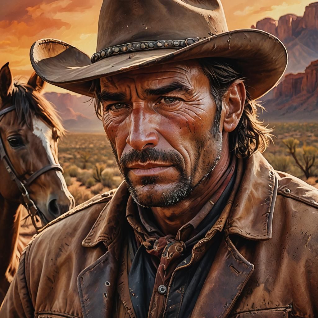 Rugged Cowboy in Arizona Sunset, Hyperrealistic Concept Art