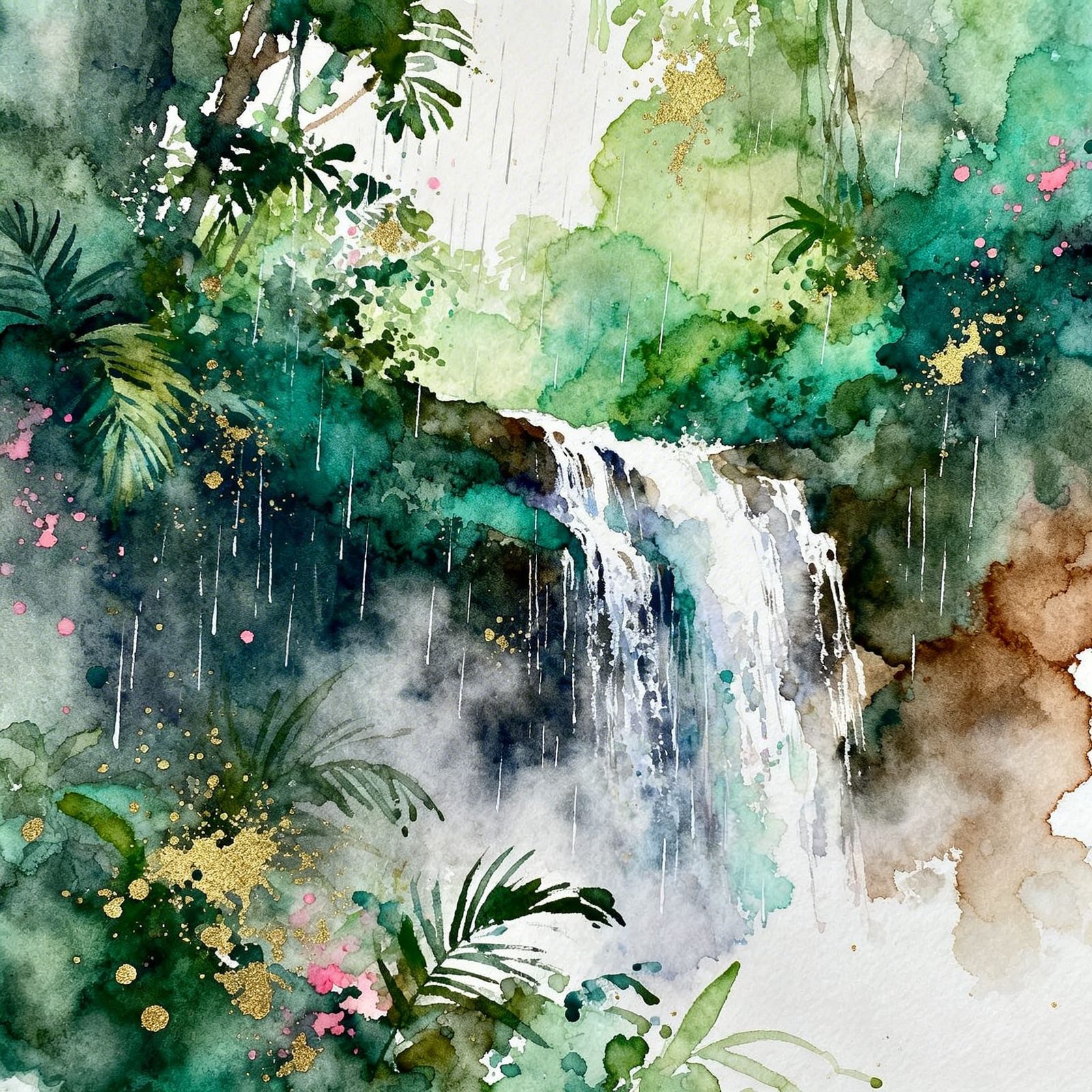 Vibrant Jungle Waterfall in Watercolor and Ink Splatter Art