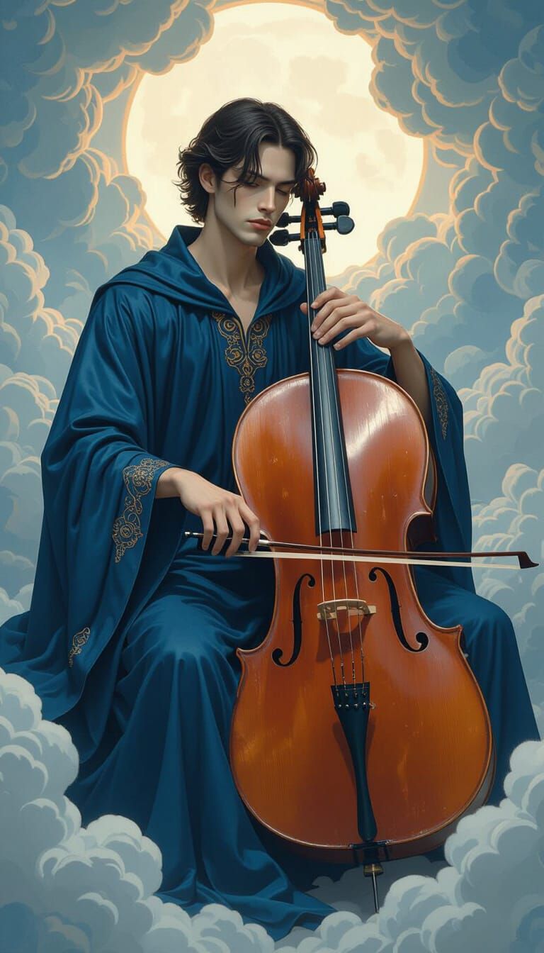 Man in Blue Robe Plays Cello Amidst Ethereal Clouds
