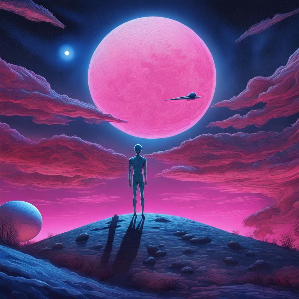 Alien World Night Sky with Comet and Pink Moon