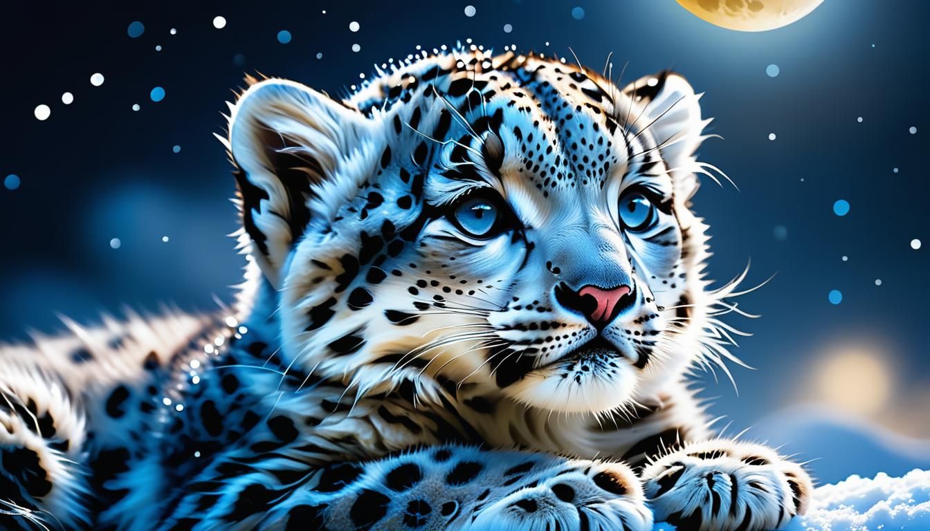 Snow Leopard Cub on Moon, Photorealistic Macro