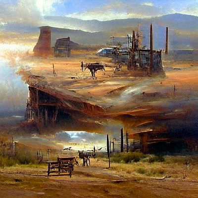 Post-Apocalyptic Old West Landscape as Oil Painting
