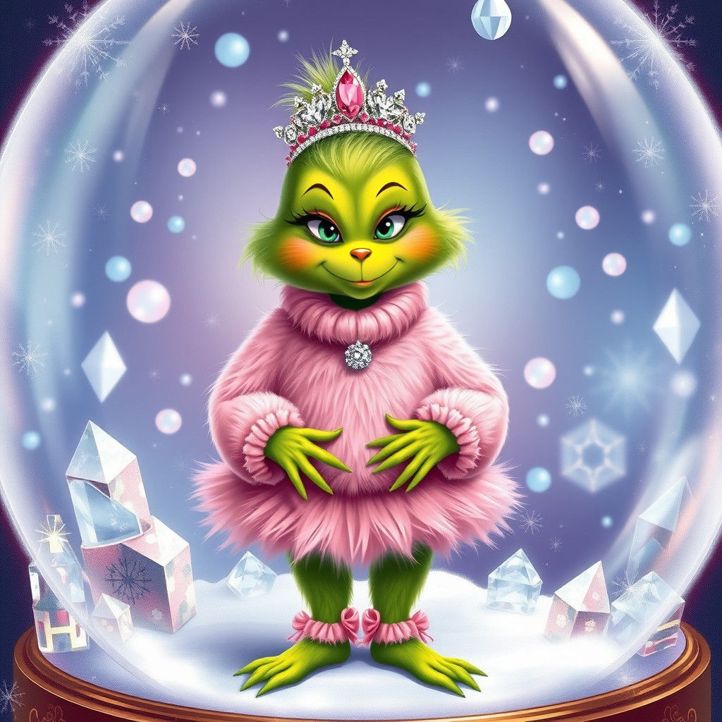Preppy Grinch Baby Girl in Ornate Illustration Style