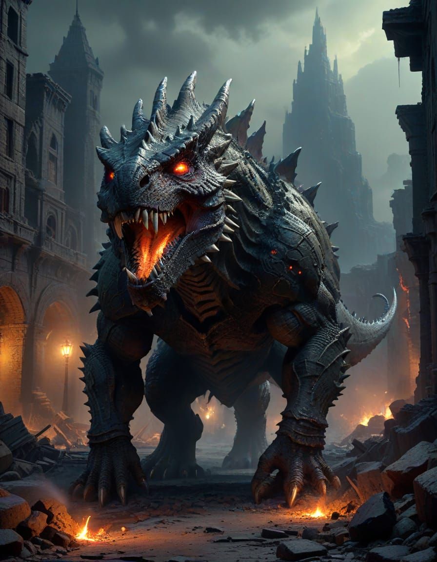 Dark Fantasy Tarrasque Amidst Ruins