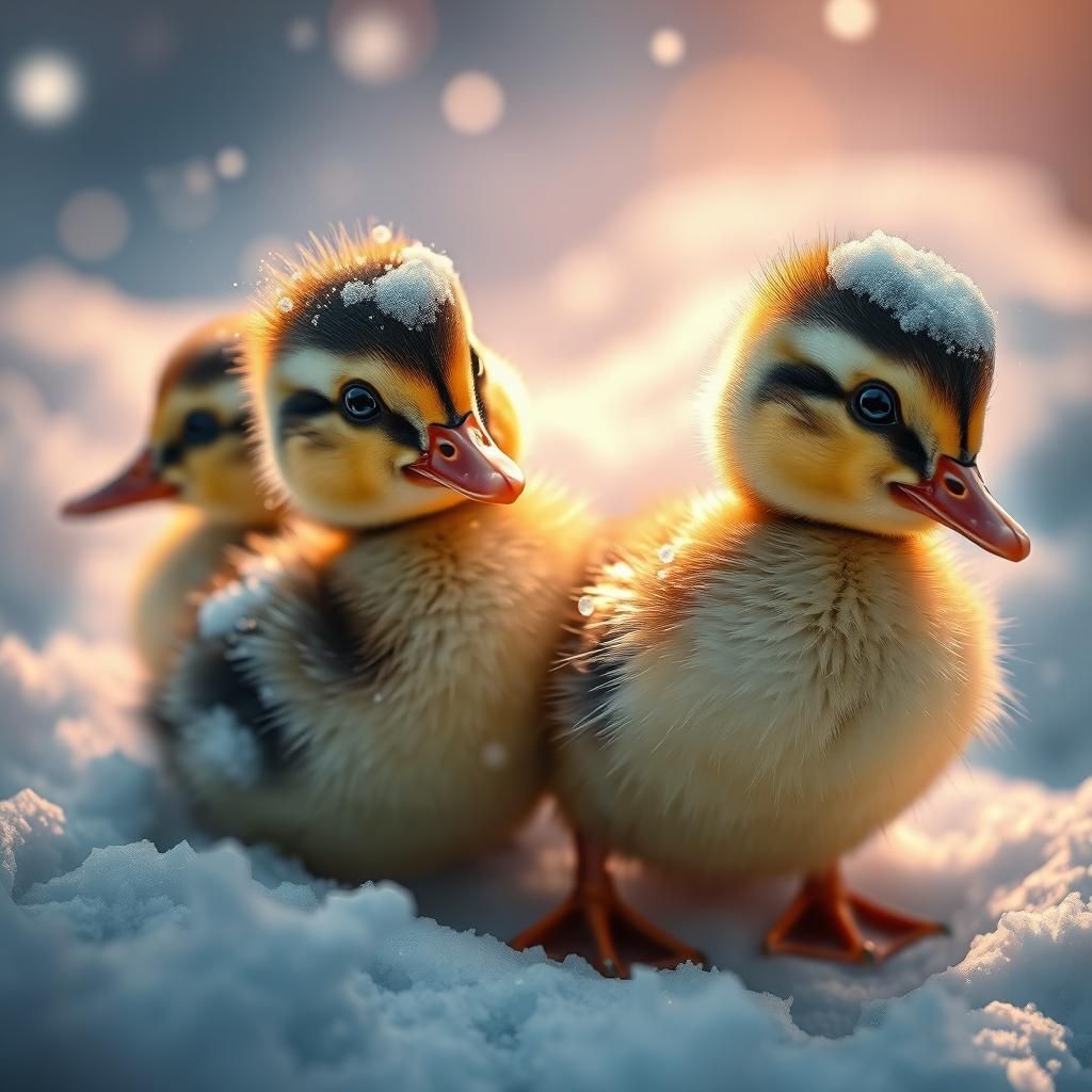 Adorable Ducklings Covered in Snow: Hyperrealistic Art