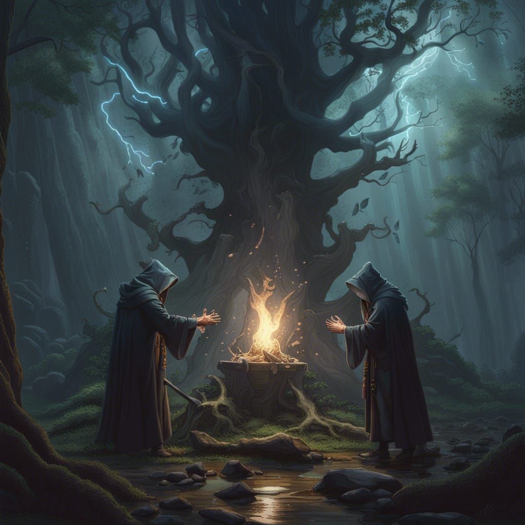 Epic Sorcerer Duel in Rainy Forest, Dark Fantasy Art