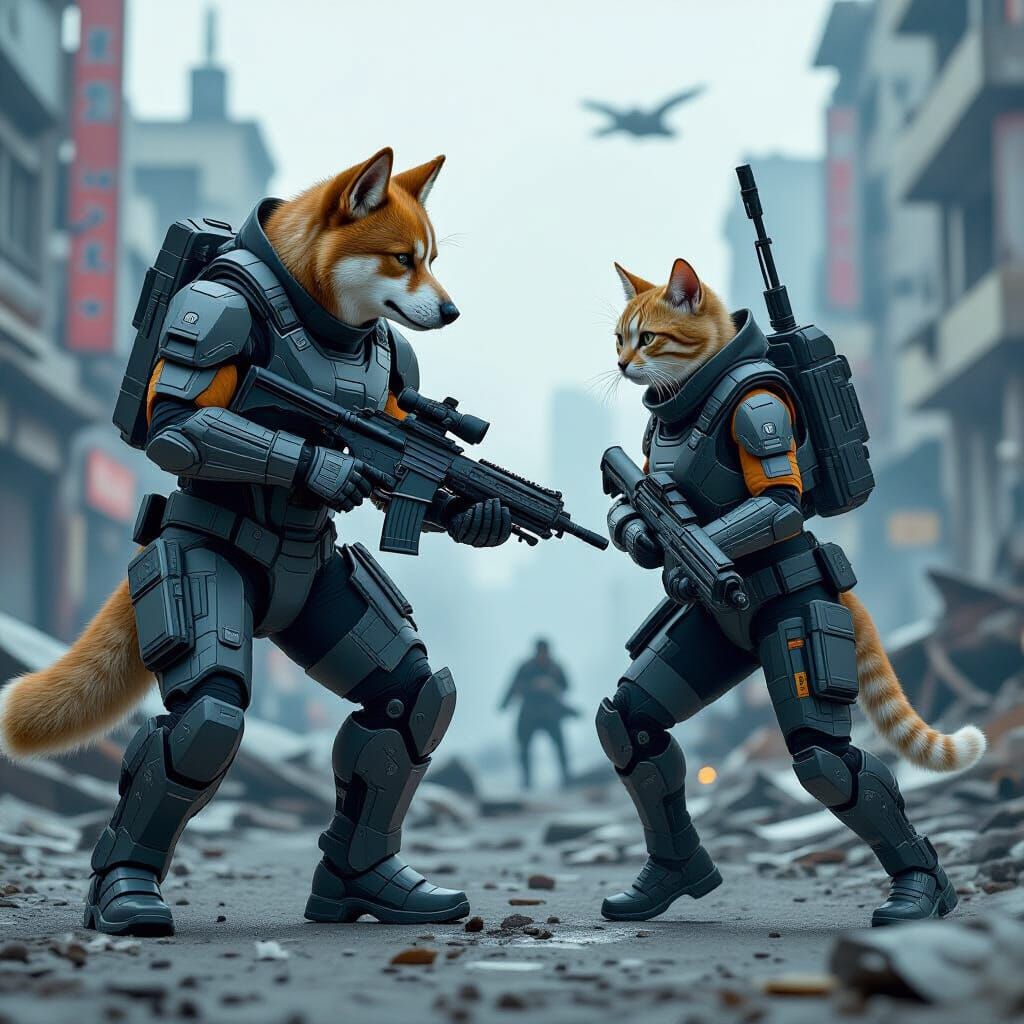 Humanoid Animals in War Suits Battle in Cityscape