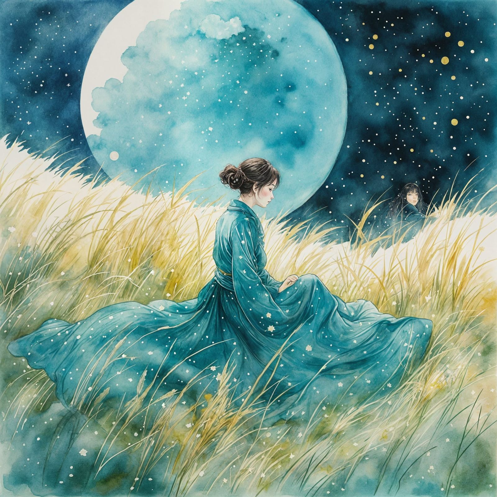 Japanese Lady Gazing at Comet in Watercolor Style