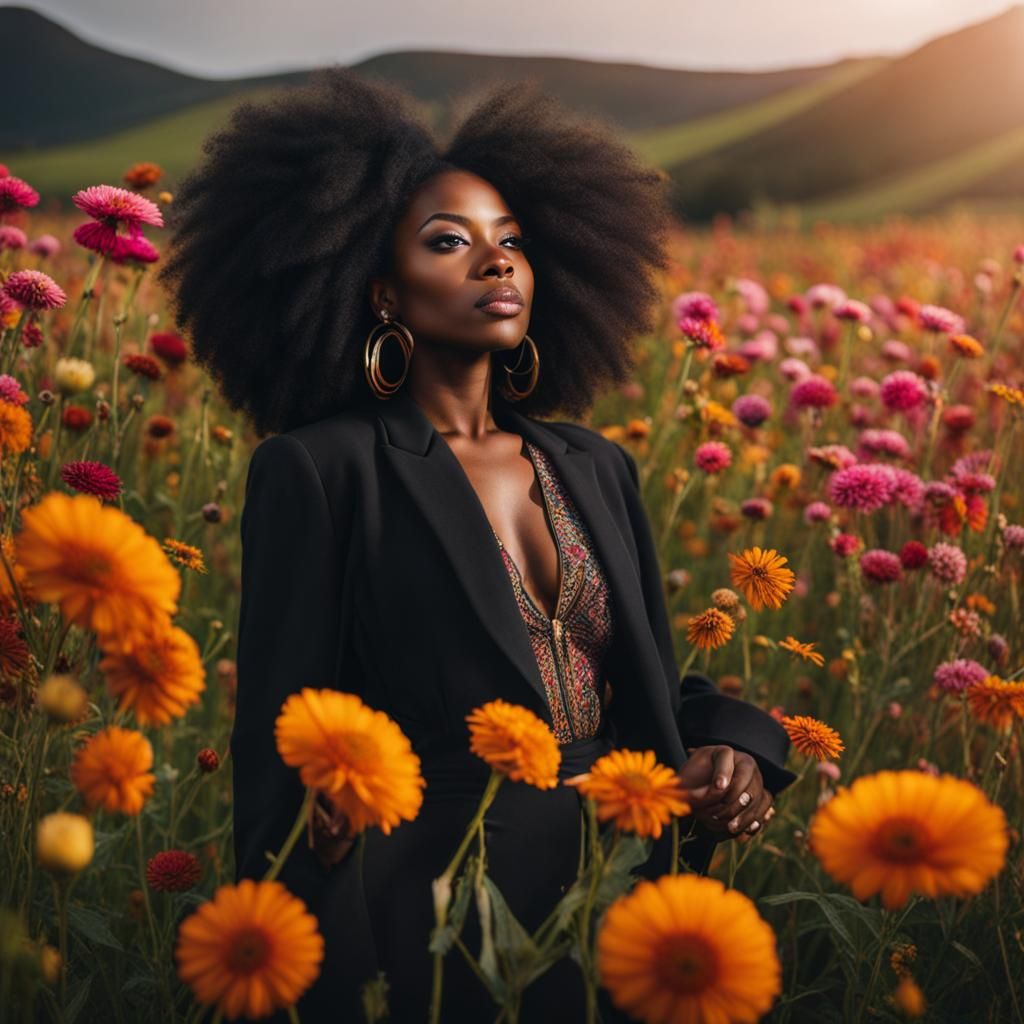 Black Woman with Natural Hair in Flower Field