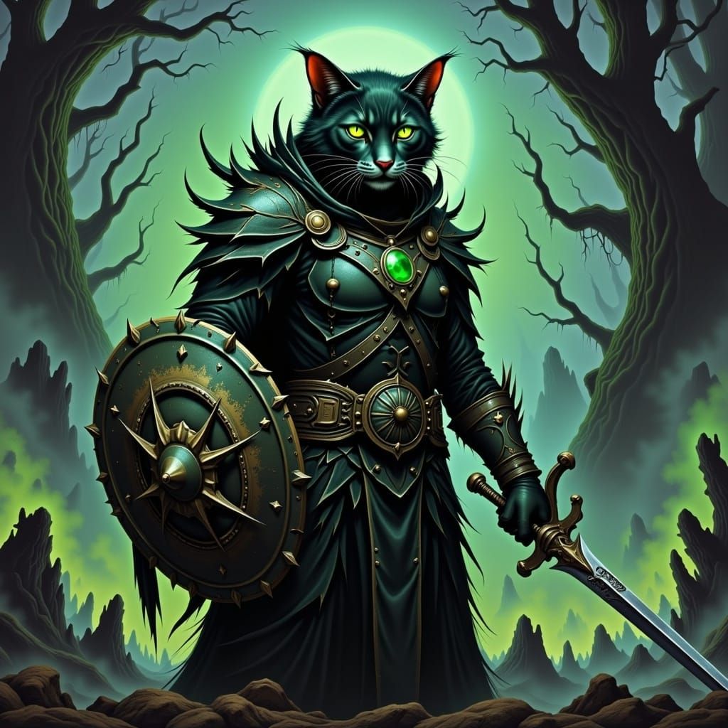 Fierce Feline Warrior in Mystical Forest