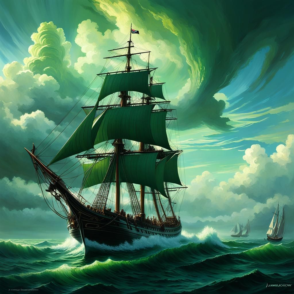 Ghost Ship Sailing Through Luminous Green Clouds