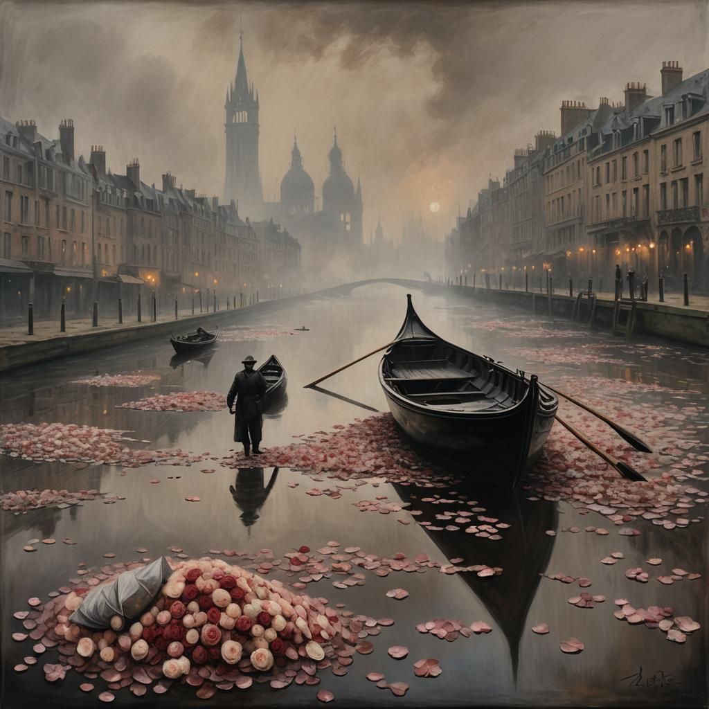 Black Gondola on Moor Pond in Industrial Setting