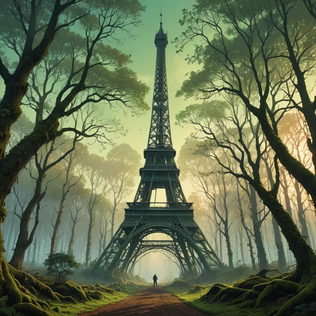 Eiffel Tower Emerges in Mystical Forest