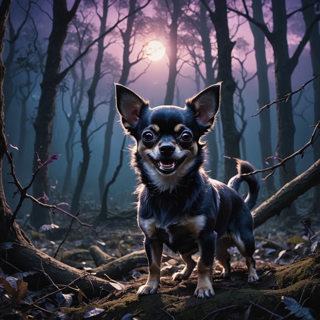 Chihuahua Growling in Mystical Forest: Dark Fantasy Painting