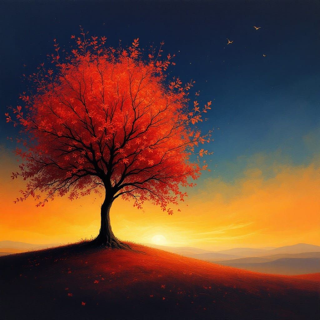 Ethereal Tree against Vibrant Sunset, Dreamlike Landscape in...