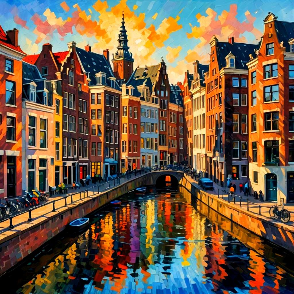 Amsterdam Cityscape in Colorful Pastel Drawing