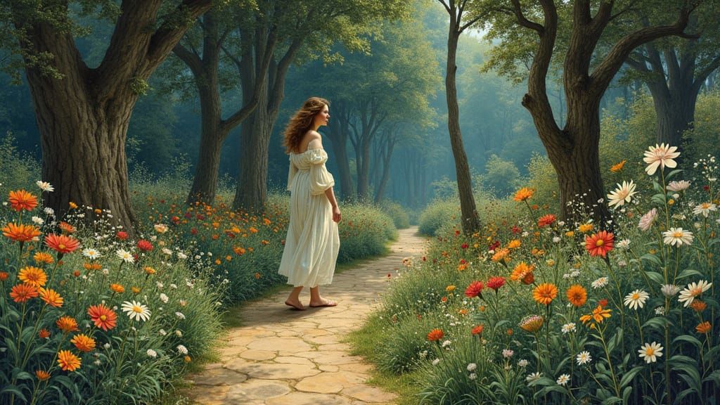 Serene Woman in Lush Garden: A Surreal Art Piece