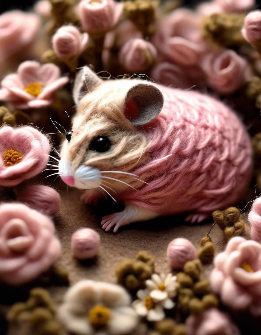Sepia Illusion: Felted Hamster in Woolen Flowers