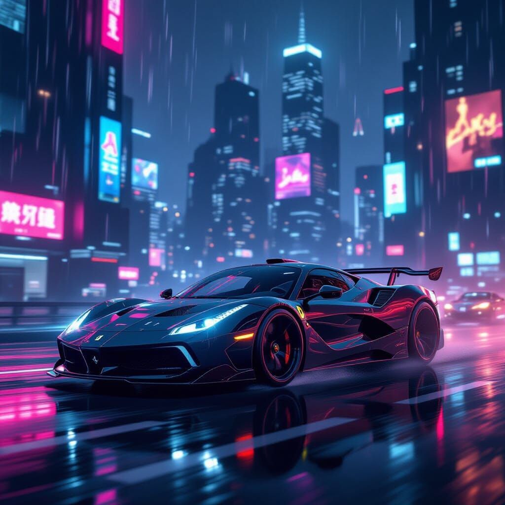 Cyberpunk Obsidian Ferrari in Rain-Soaked City